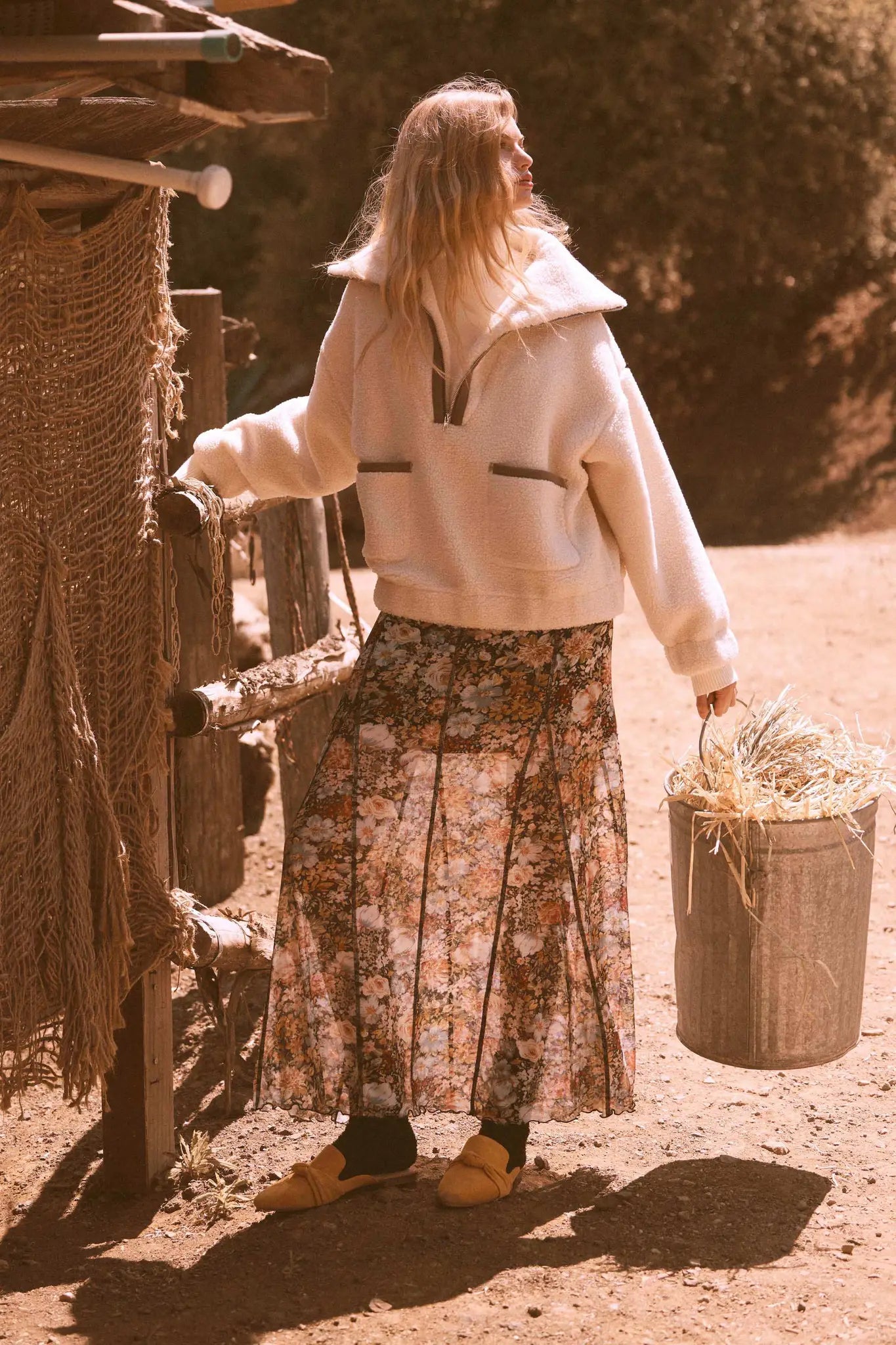 Autumn Harvest Floral Mesh Paneled Maxi Skirt