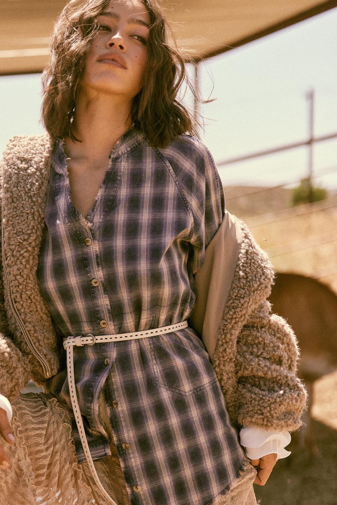 Back Roads Plaid Flannel Raw-Edge Mini Shirt Dress