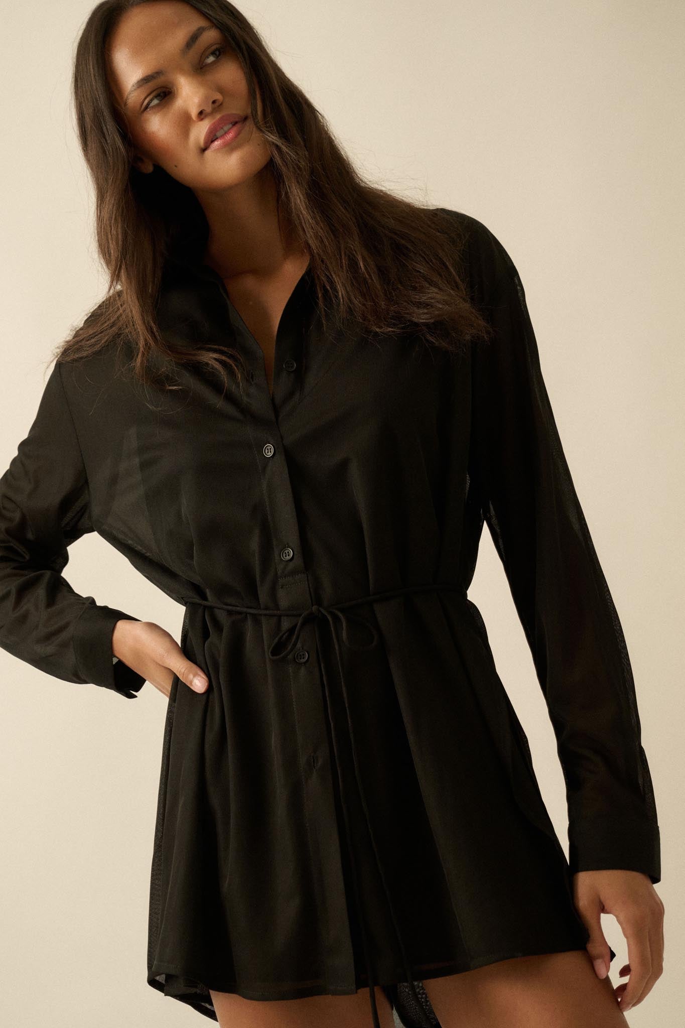 After Hours Ribbed Mesh Belted Shirt Romper