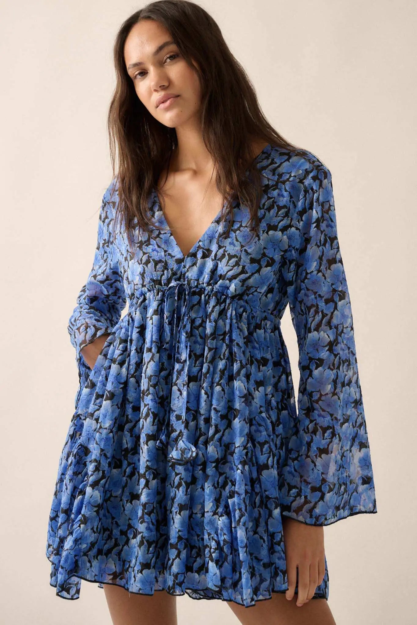 Babydoll Bouquet Floral Chiffon Bell-Sleeve Romper