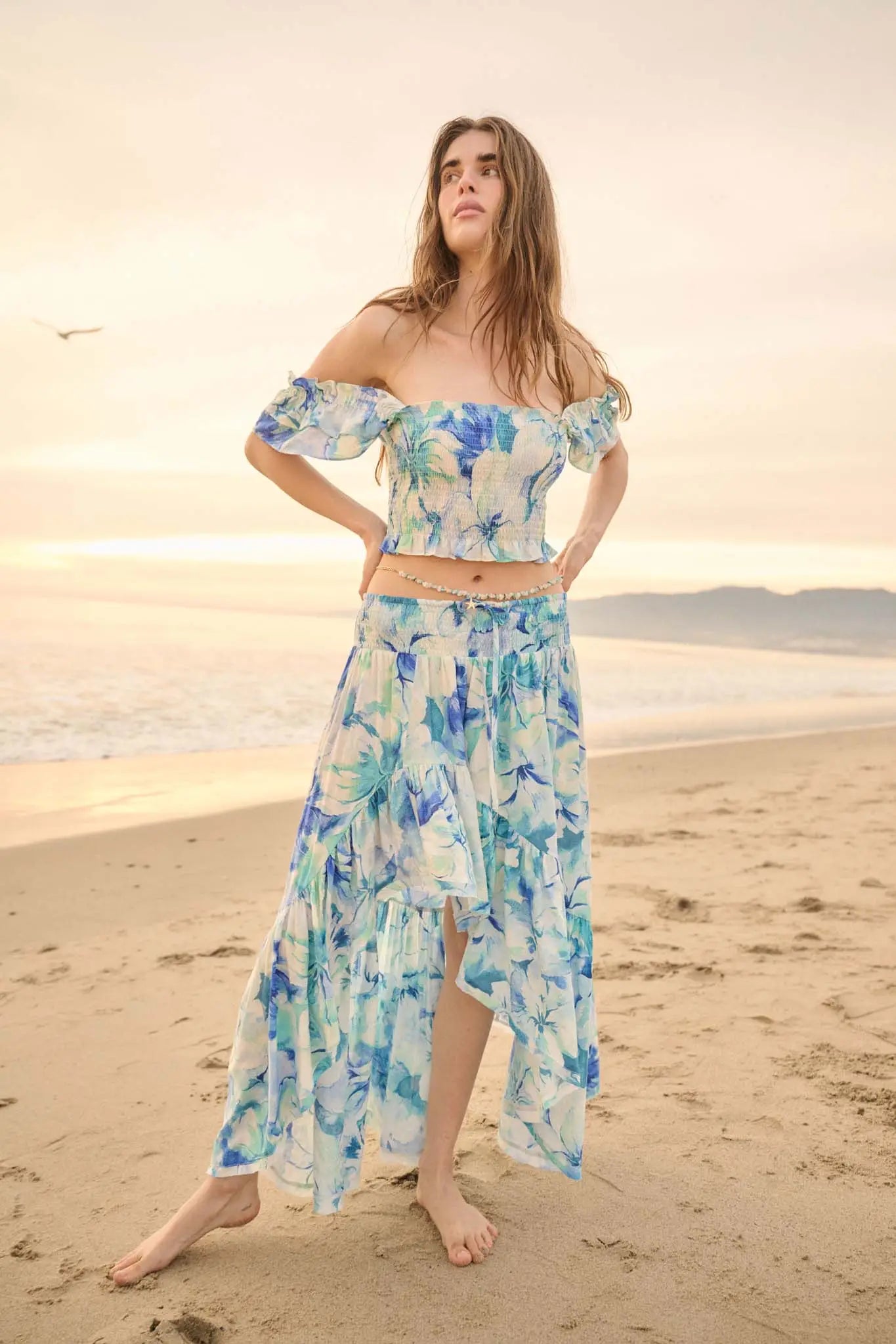 Azure Petals Floral High-Low Ruffle Maxi Skirt