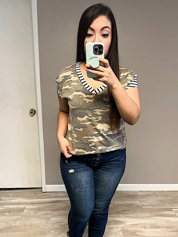 *New* Camo Stripe V neck top