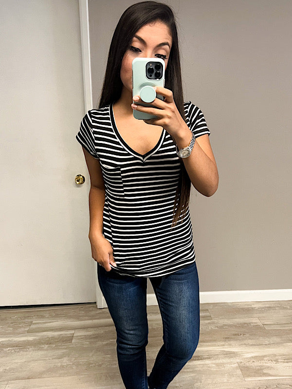 *New* Black Stripe pocket top
