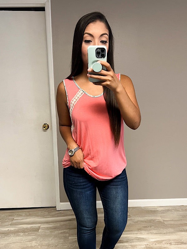 *New* Coral Lace Trim Tank