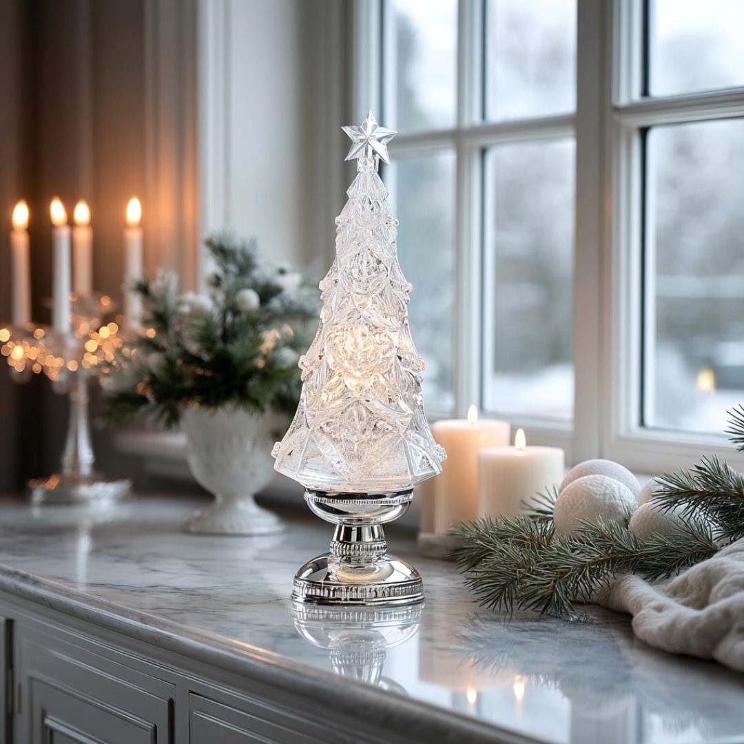 16 Inch Acrylic & Silver Water Spinning Led Christmas Tree