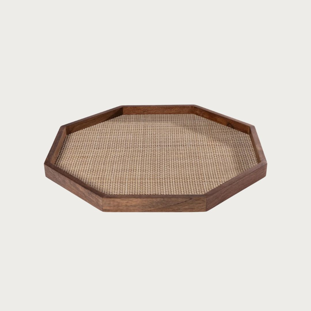 18" Large Mango Wood with Rattan Inlay Octagonal Tray