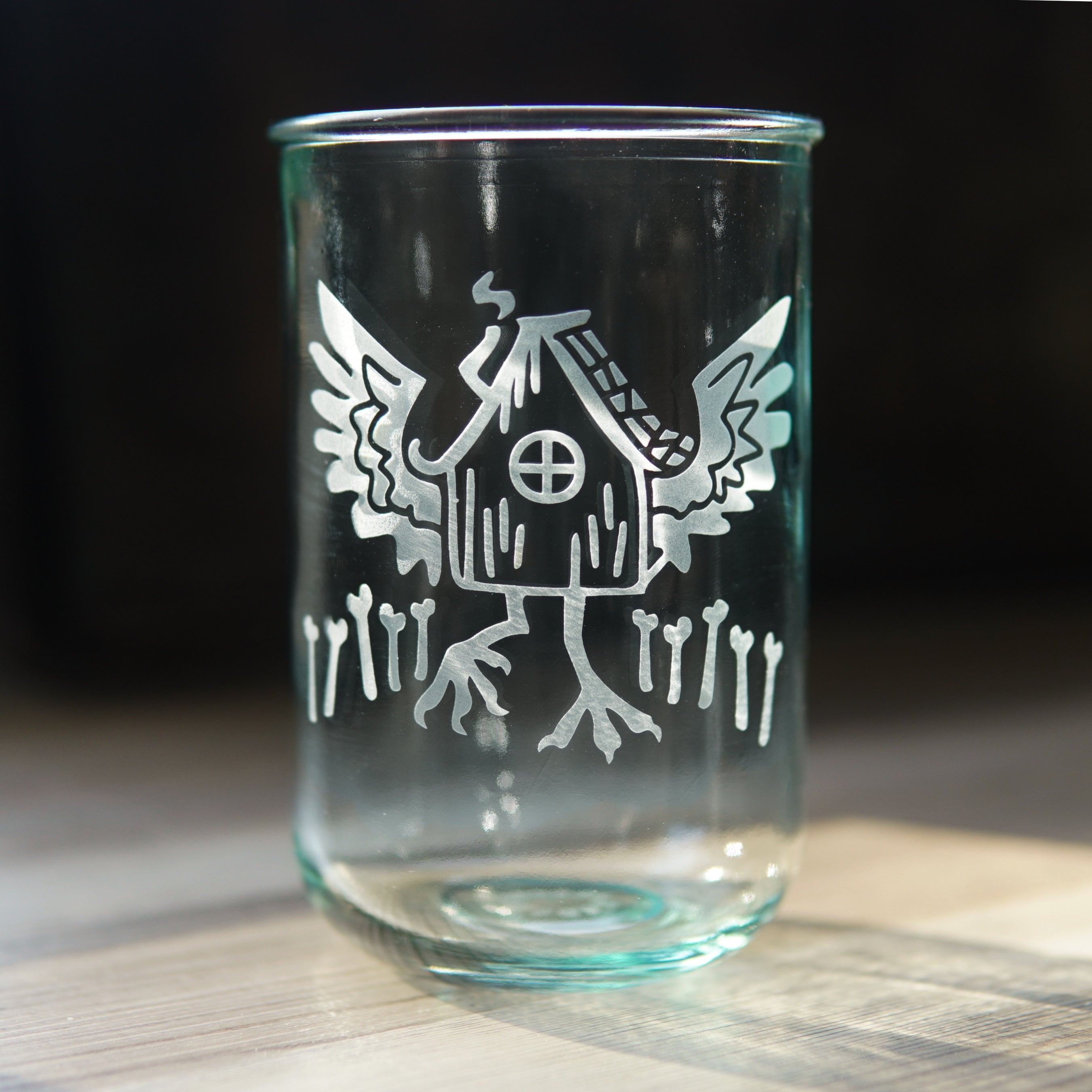 Baba Yaga Rustic Recycled Glass Candle Cup - spooky chicken hut