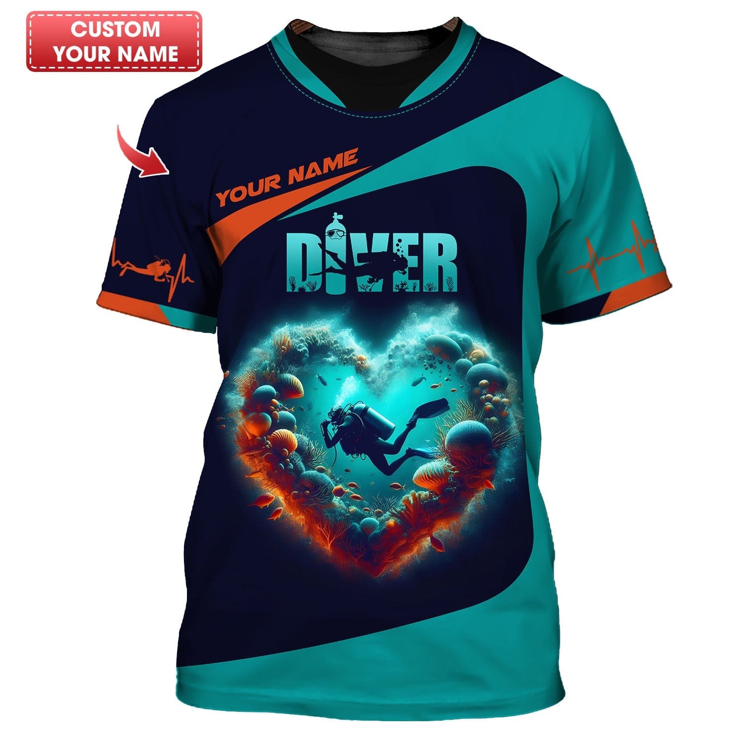 3D Full Print Scuba Diving Heart Shirts Personalized Name Gift For Diver Lovers, All Over Printed