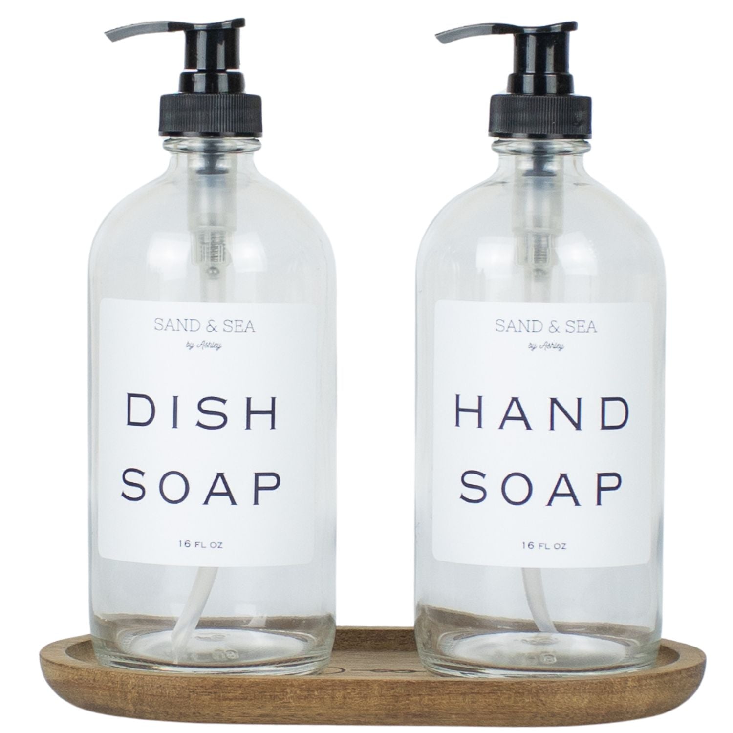 Clear Glass Soap Dispenser Gift Set with Wooden Tray - White Waterproof Sticker