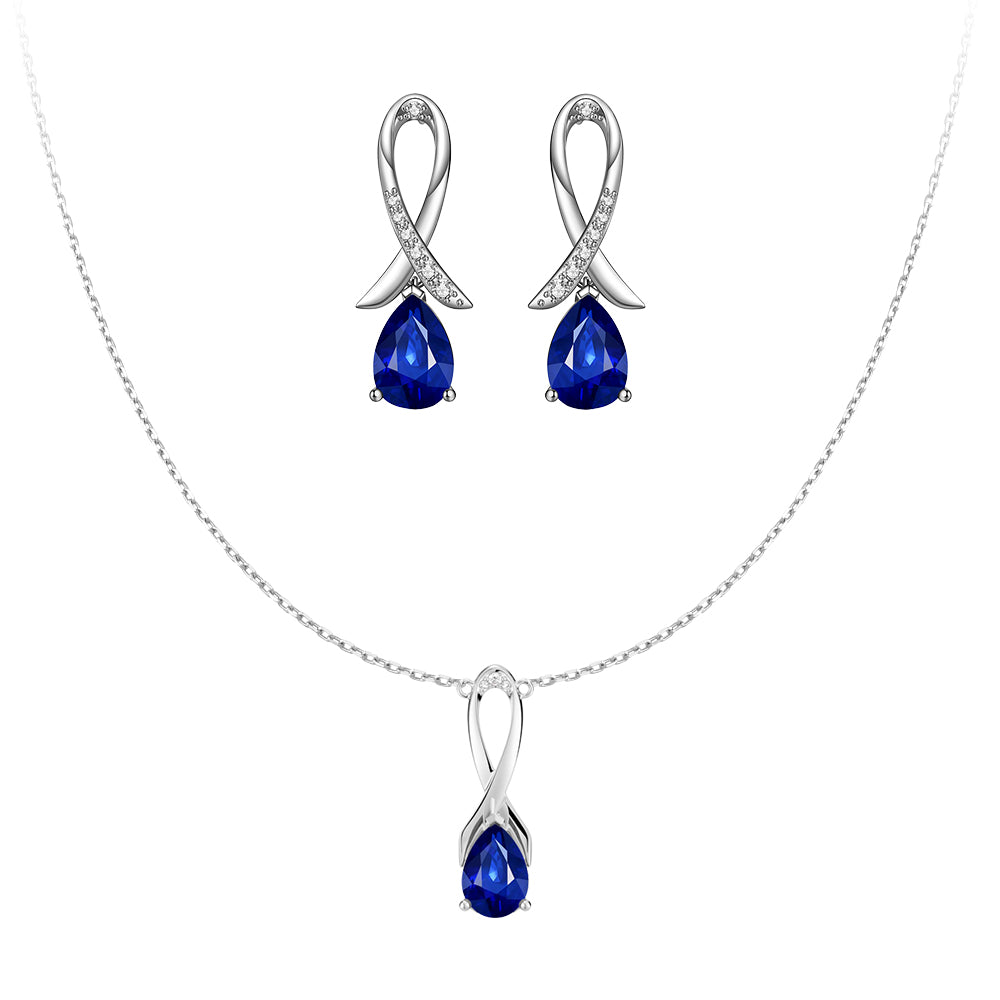 "Blue For Pink" Sapphire Necklace And Earrings Set With Ribbon