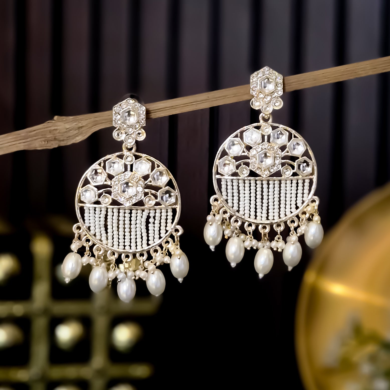 Adah Pearl Kundan Chandbali Earrings - Golden