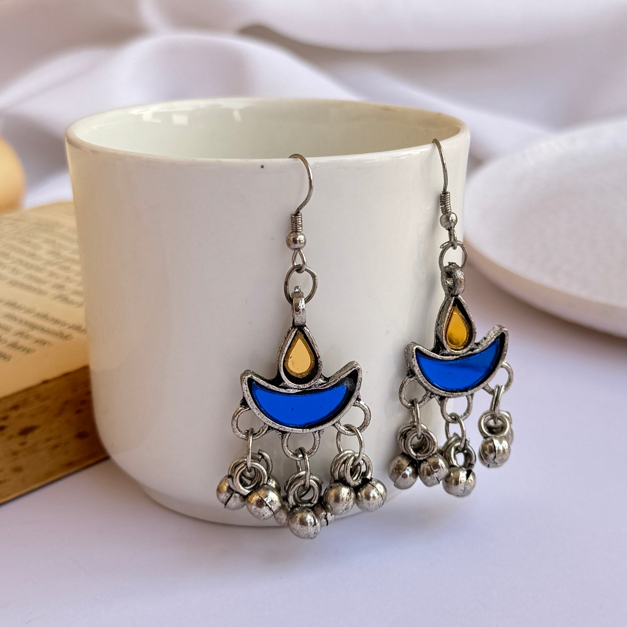 Afghani Silver Oxidised Glass Dangler Earrings