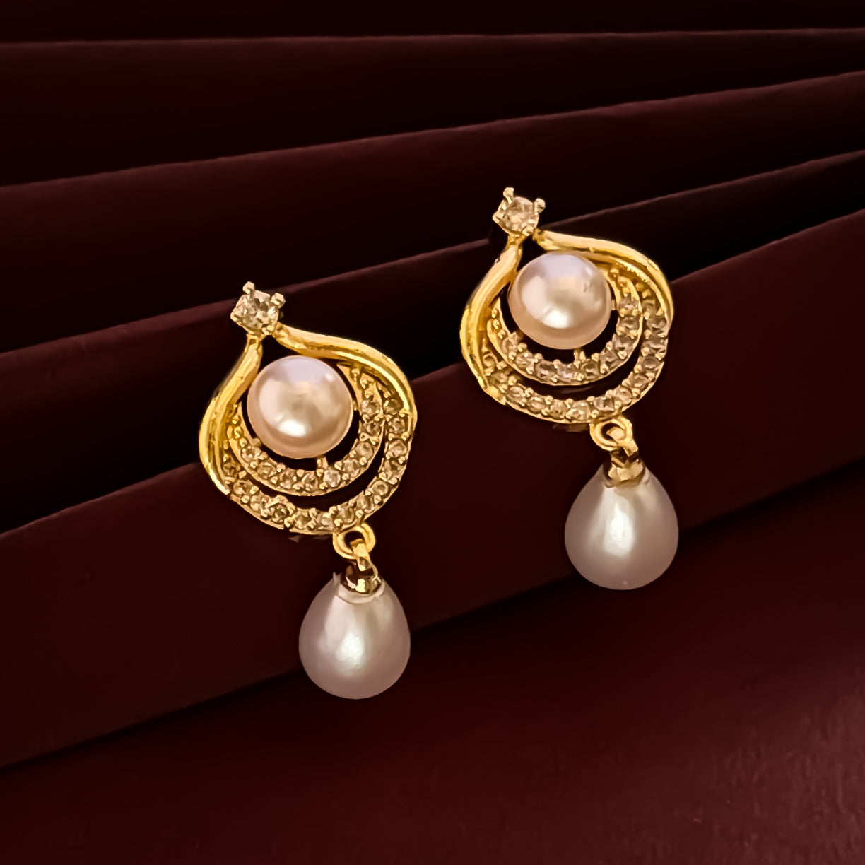 Alice American Diamond Pearl Drop Golden Stud Earrings