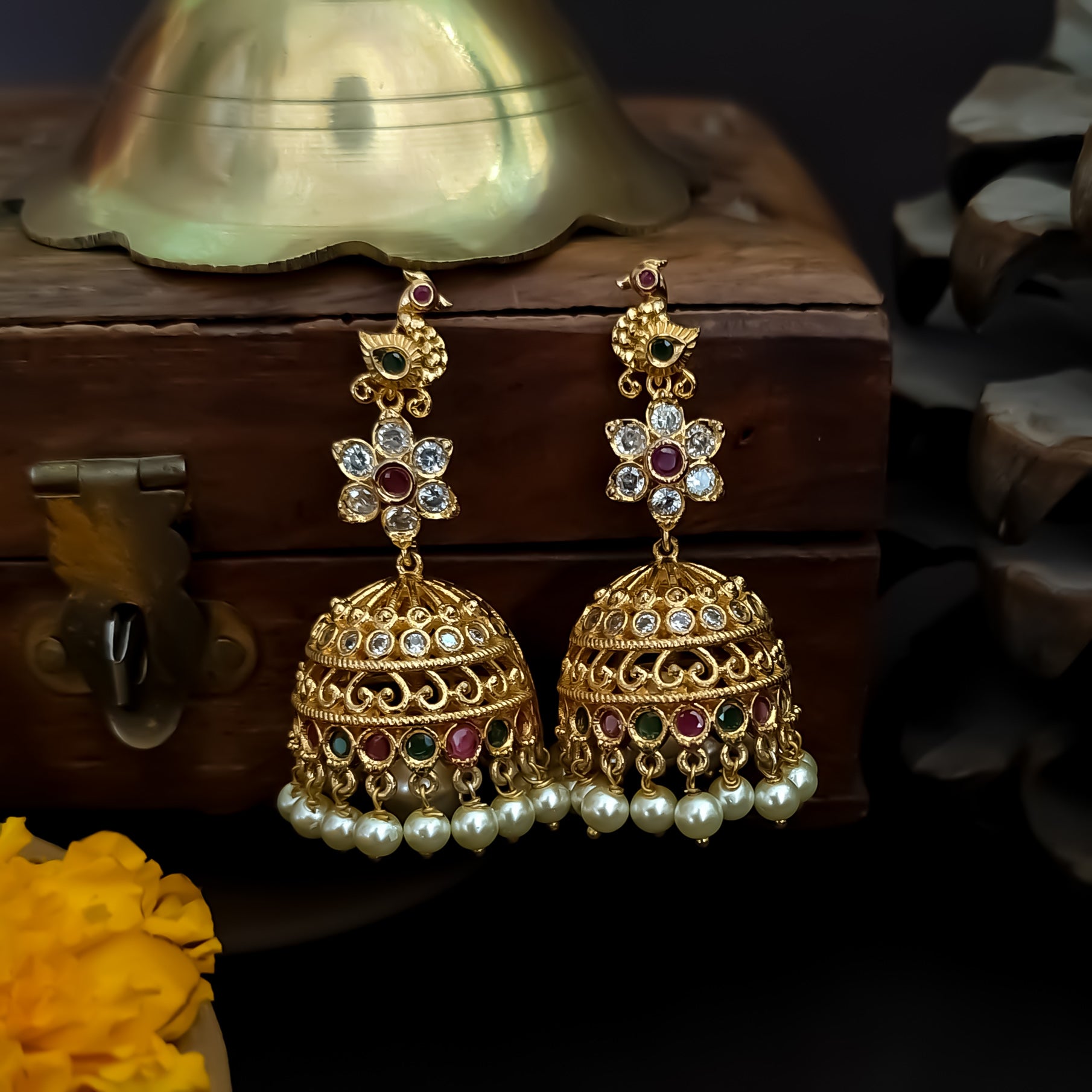 Ambika American Diamond Temple Jhumka Earring