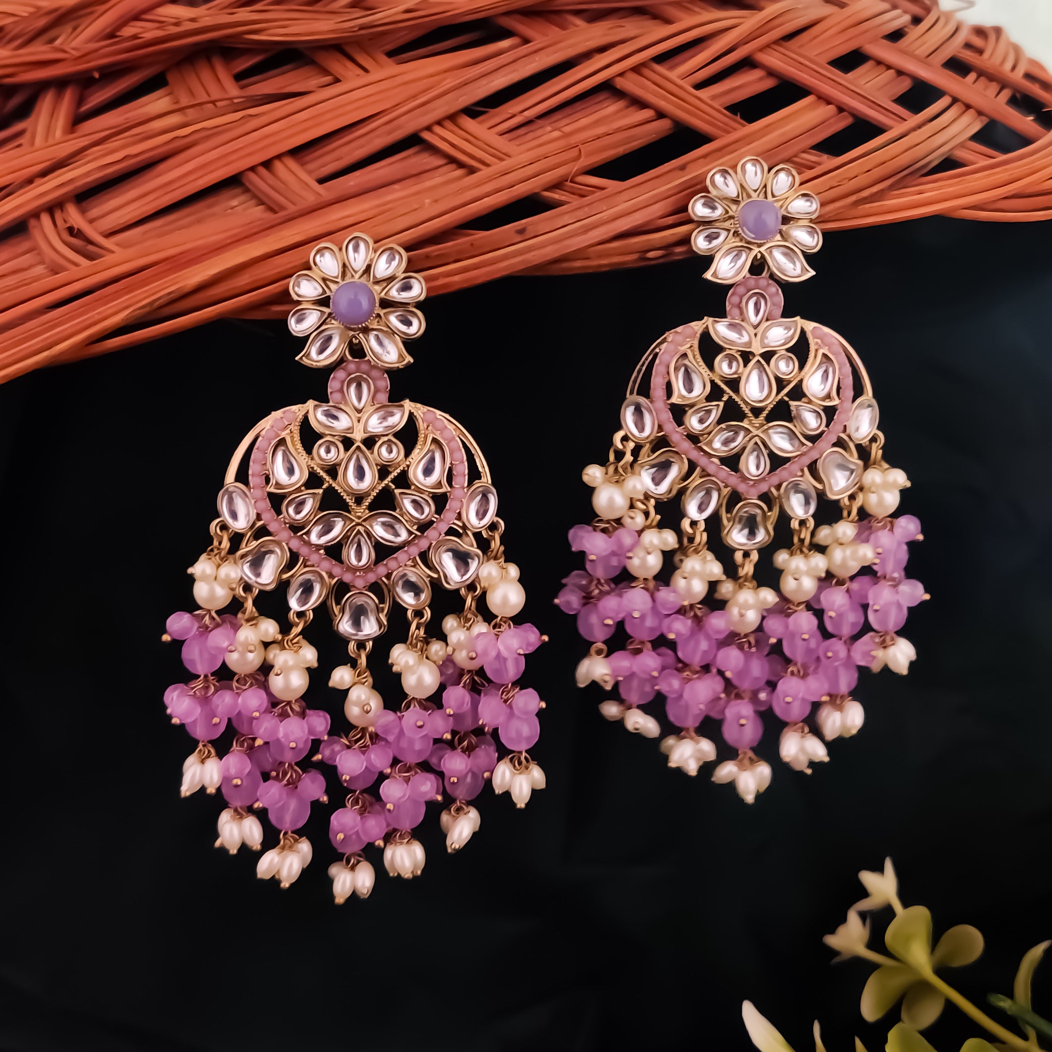 Aayat Kundan Pearl Chandbali Earrings - Lavender