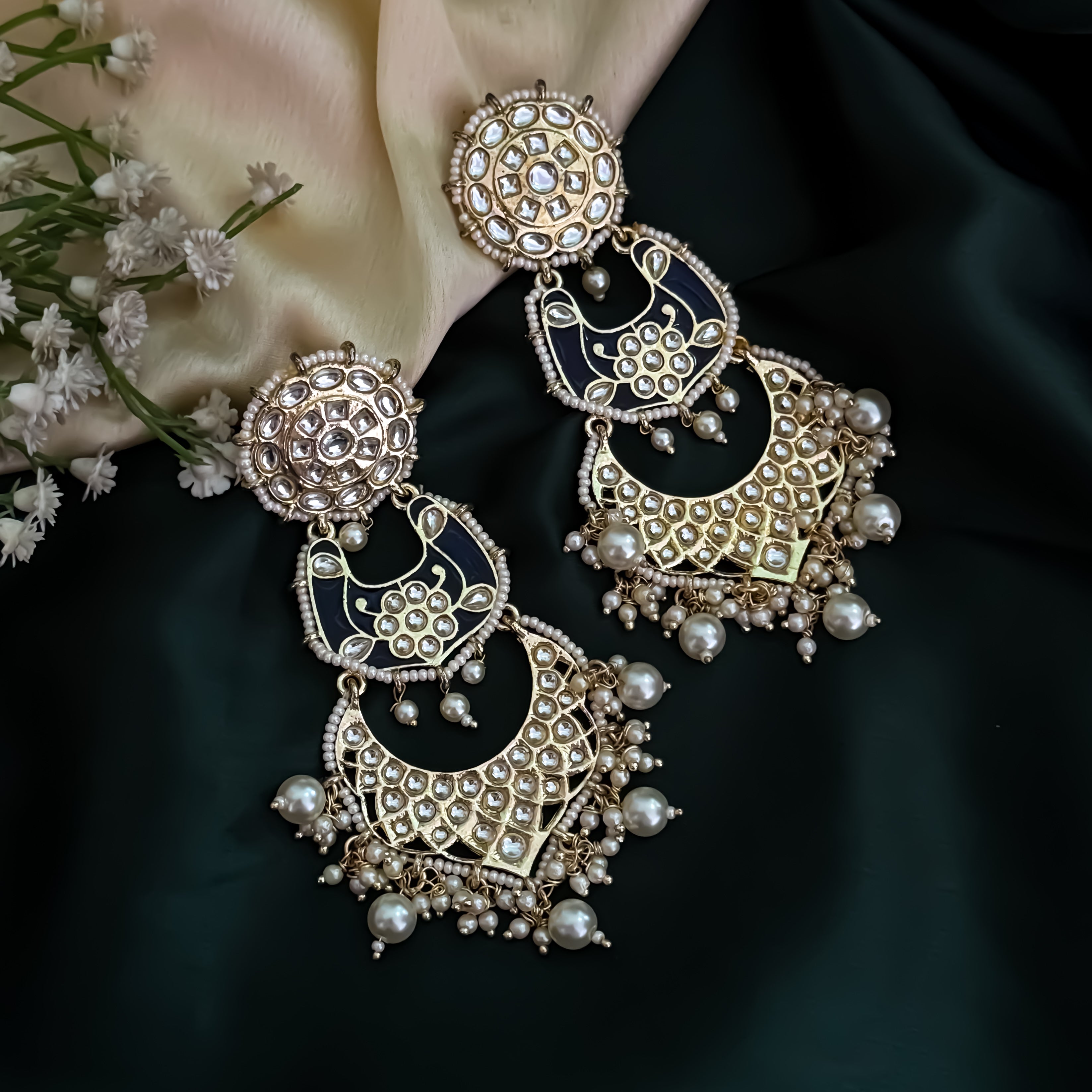 Anokhi Dabi Kundan Meenakari Pearl Chandbali Earrings - Royal Blue