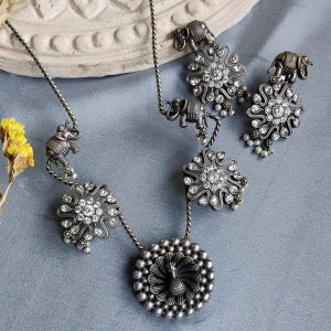 AESTHETIC BRASS ELEPHANT NECKLACE SET  ZIRCON WORK AND EARRINGS