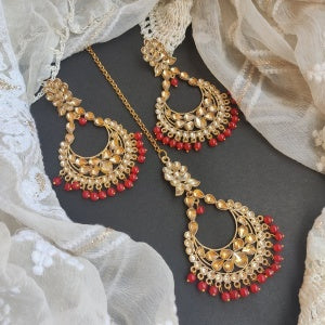 ""KANJI'' GOLDEN LCT EARRINGS MANGTIKA SET - RED