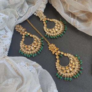""KANJI'' GOLDEN LCT EARRINGS MANGTIKA SET - GREEN
