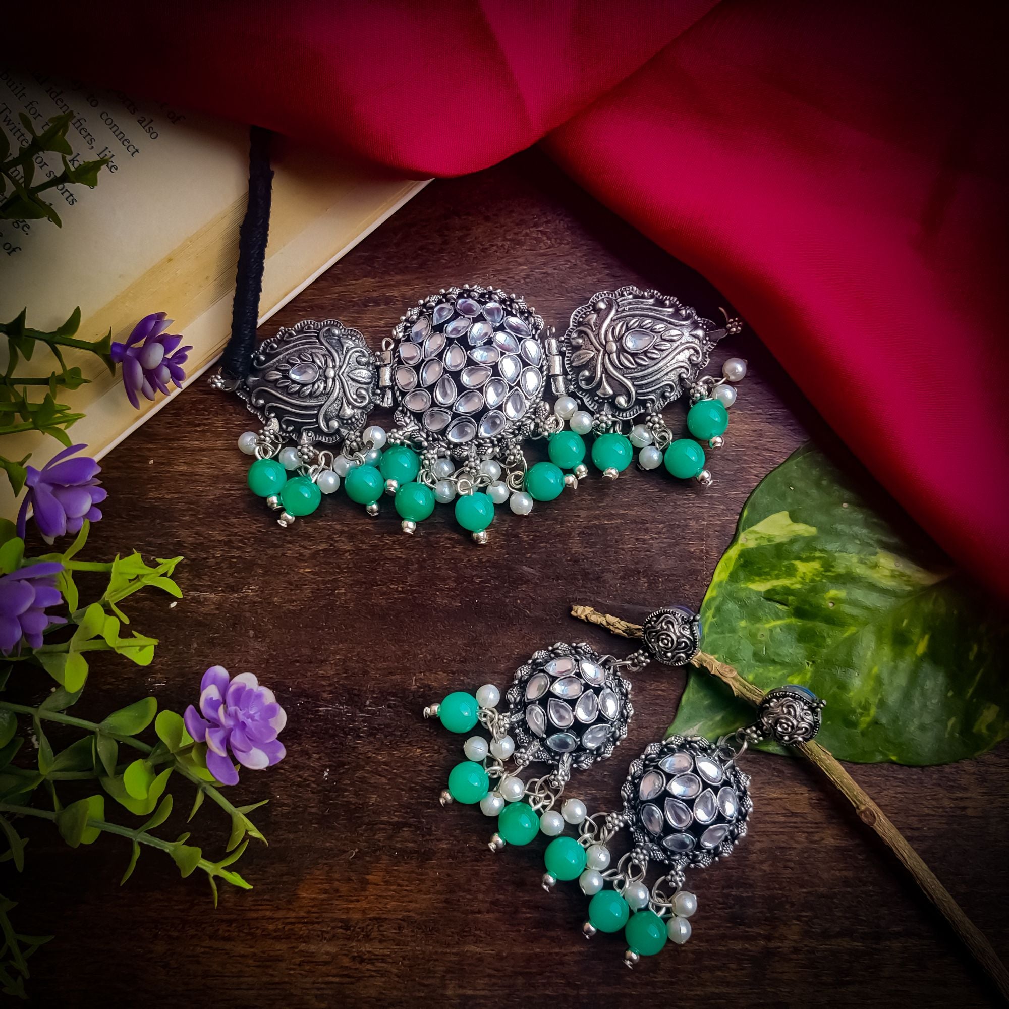 Alisha Silver Oxidised Necklace Set - Green