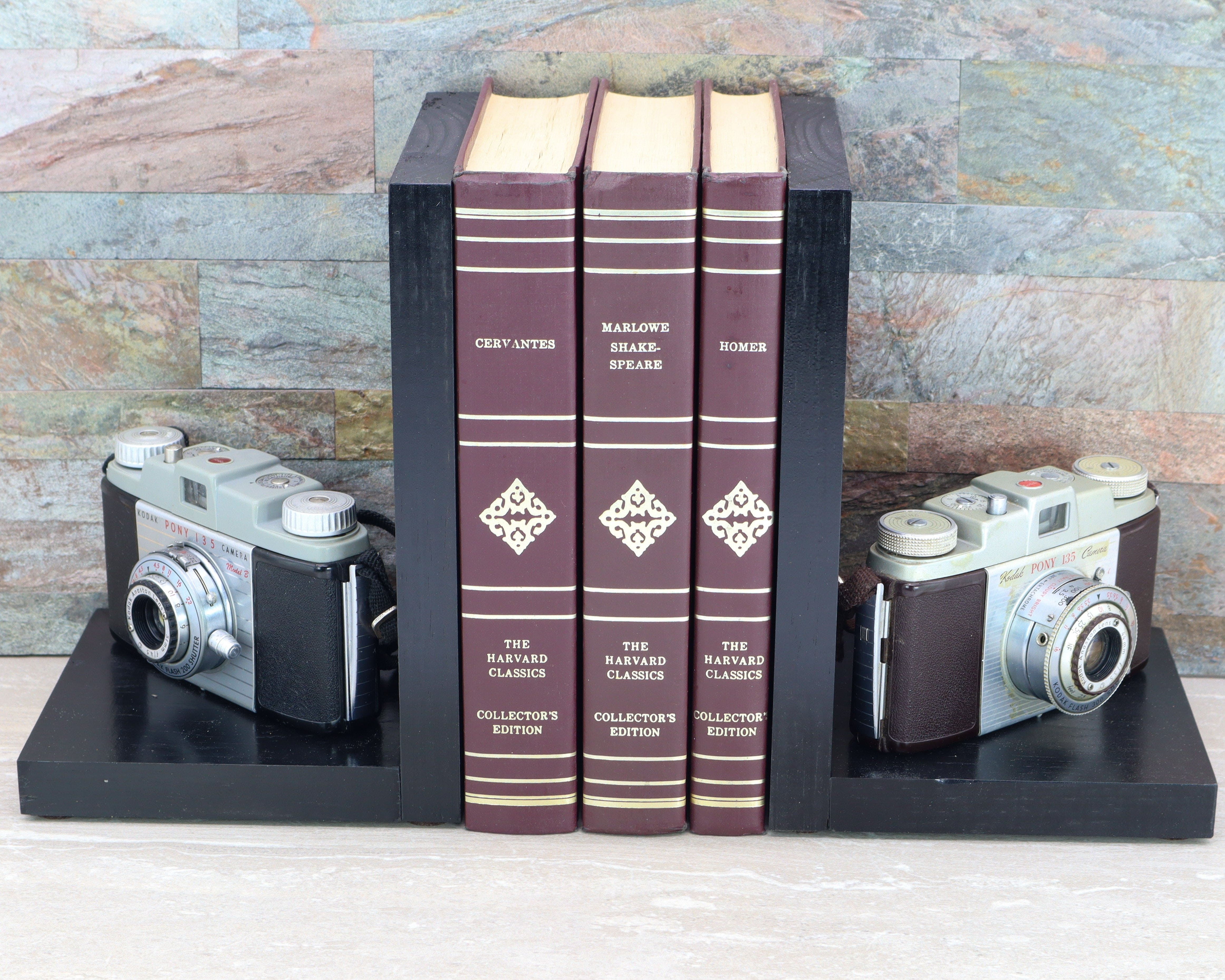 2 Kodak Pony Cameras, Antique Vintage Wooden Decorative Bookends, DVD Holder, Movie Room Décor, Movie Maker, Director & Actor Gift