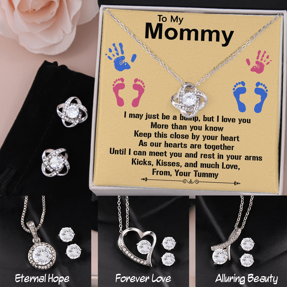 14K White Gold Jewelry Set Gift To My Mom I May Just Be A Bump Necklace, Gift For Mom, Happy Mother's Day Gift From Tummy For New Mom