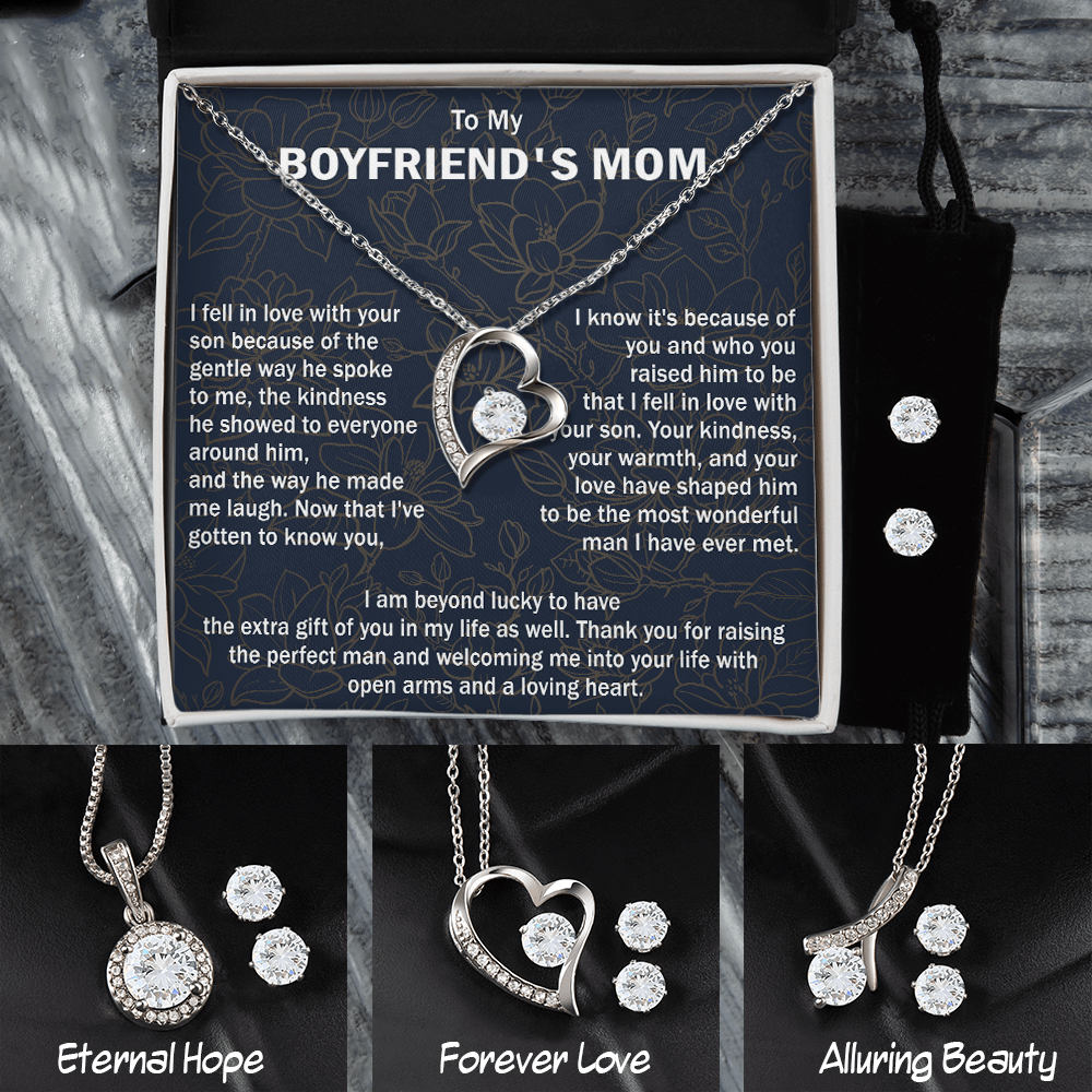 14K White Gold To my Boyfriend's Mom Jewelry Set - Thank you Gift For Boyfriend's Mother - Necklace For Mom, Mother's Day Gift Idea