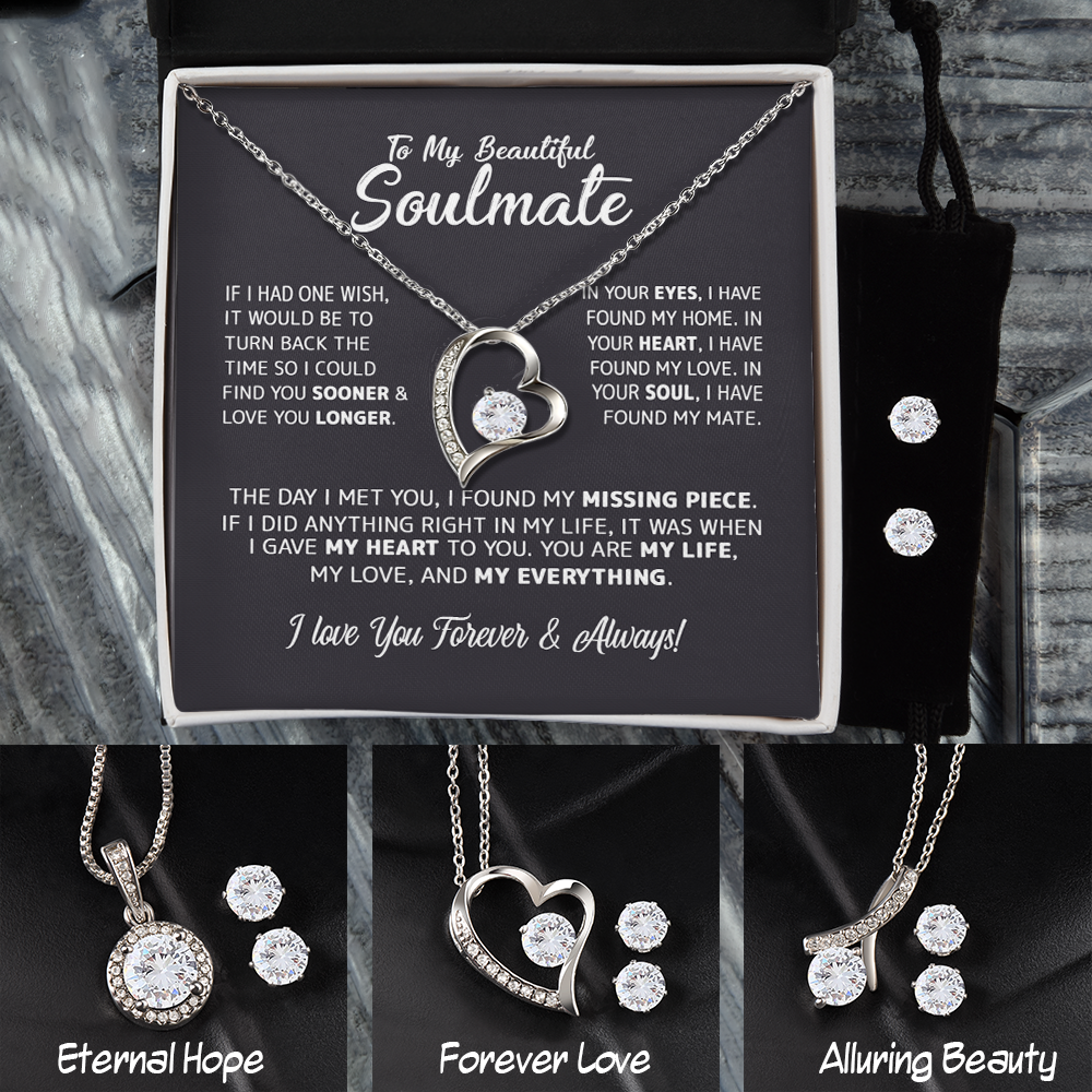14K White Gold Jewelry Set, To My Beautiful Soul Mate Message Gift, Necklace And Earrings Jewelry Matching Set, Valentin Birthday Gift For Her