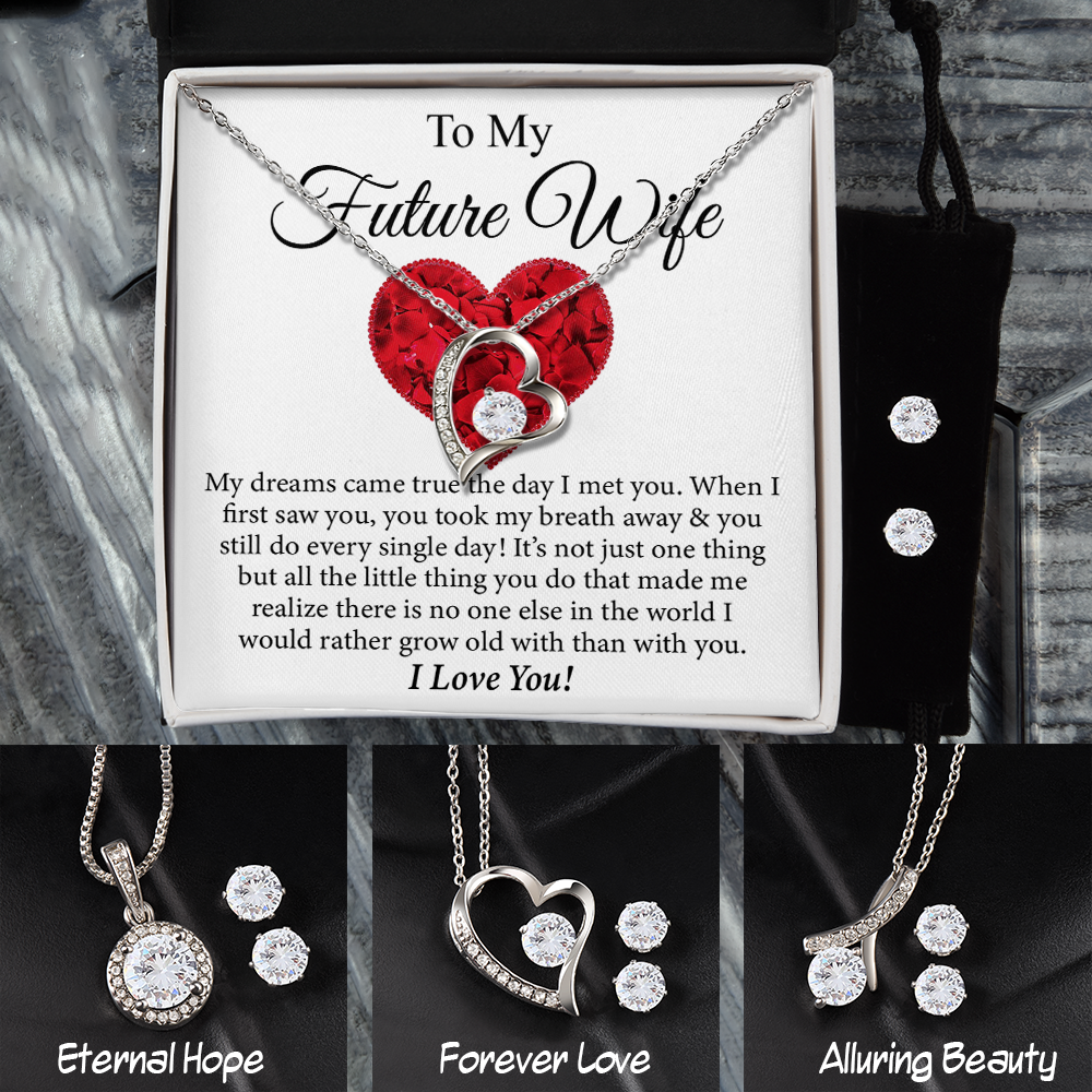 14K White Gold Jewelry Set, Message Gift For Future Wife, Heart Shaped Roses Pattern, Valentine Birthday Gift For Future Wife From Future Husband