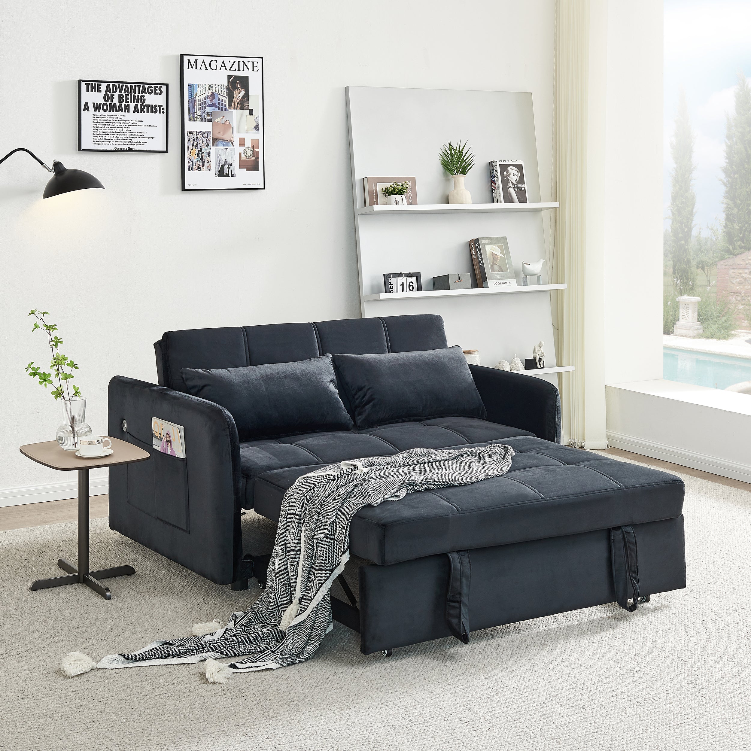 3 In 1 Velvet Sleeper Sofa Bed W/ Reclining Backrest, Toss Pillows, Pockets, Dark Blue