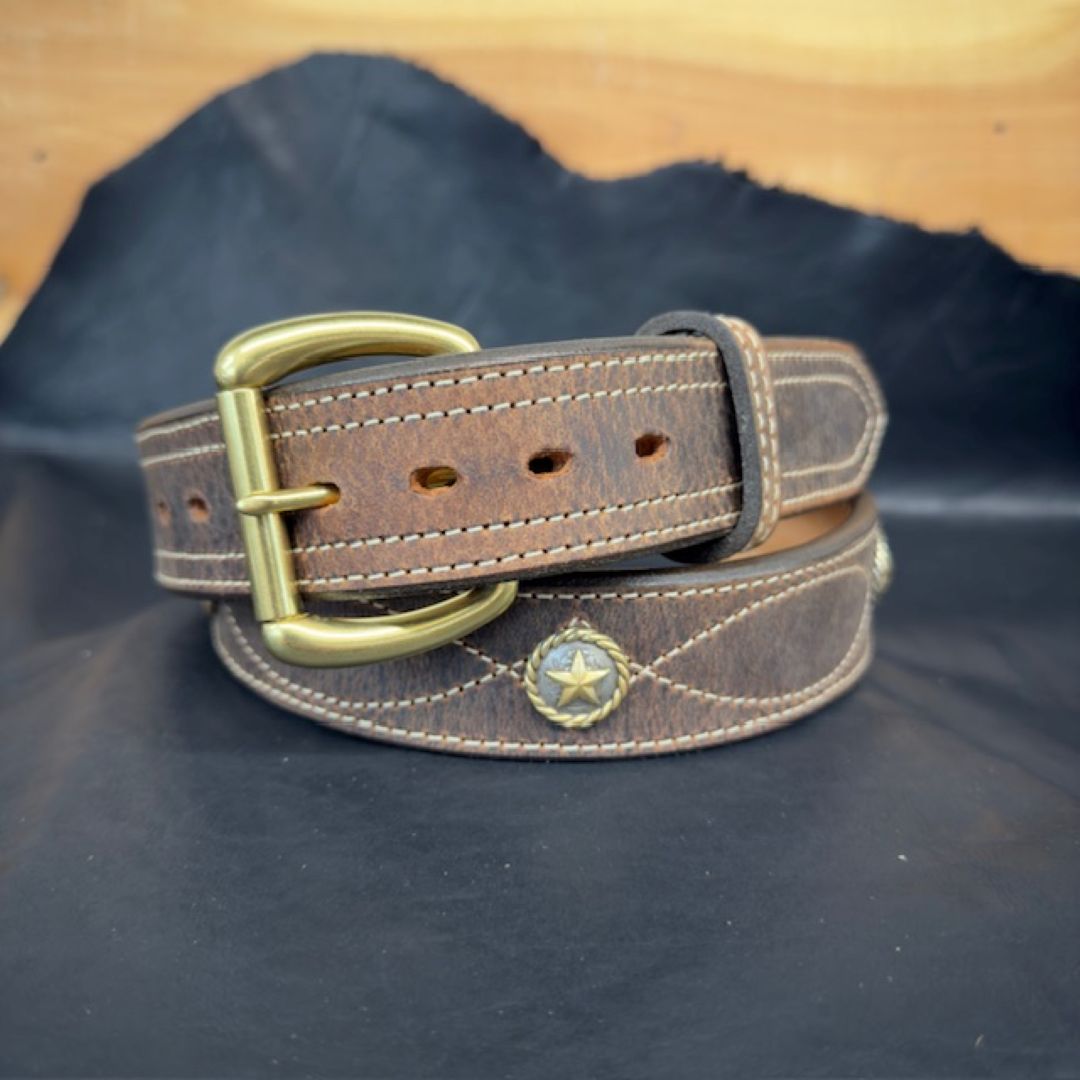 *In Stock* 1.5" Fancy Stitch Water Buffalo Carry Belt – Brass Star Conchos (Size 40)