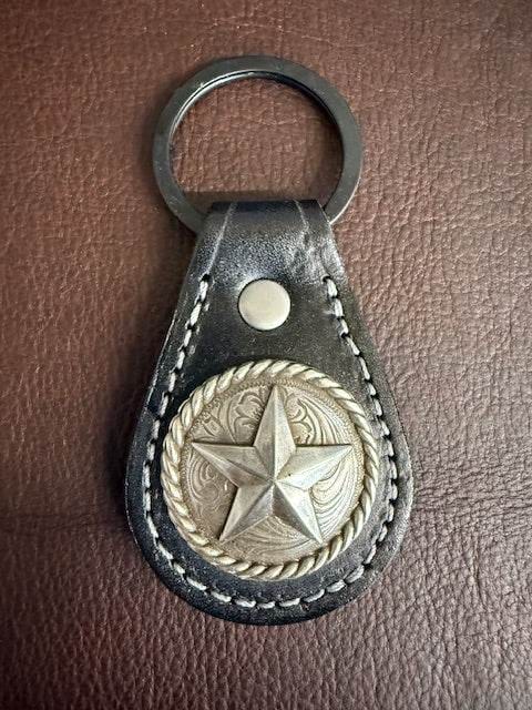 *In Stock* Leather Key Fob Black w/Antique Silver Rope Edge 3D Star Concho
