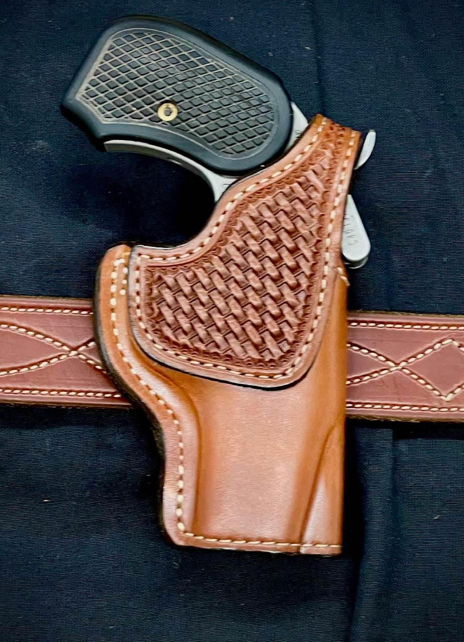 *In Stock* RH Classic Thumb Break Holster for Bond Arms 4.25" Saddle Oil Finish w/Basket Weave Reinforcement Trim