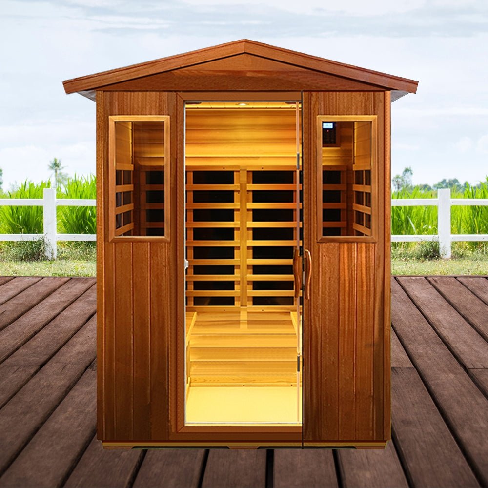 4-Person Luxury Low EMF Outdoor FAR Infrared Sauna – Mahogany Wood, Bluetooth Audio, 2050W