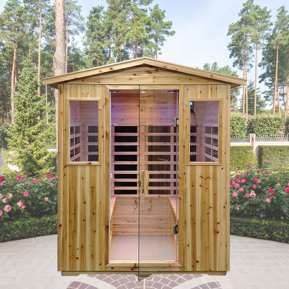 4‑Person Outdoor Infrared Hemlock Sauna with Bluetooth Speakers & LED Lighting