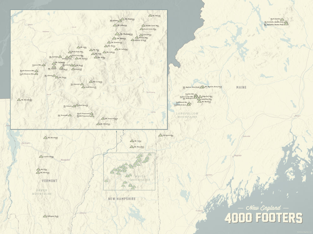 New England 4000 Footers Map 18x24 Poster