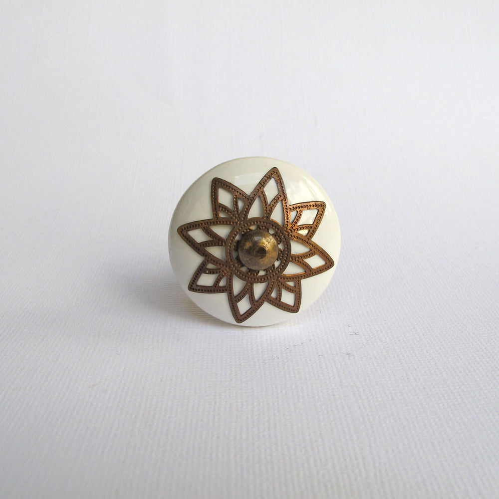 Brass Starburst Knob - White Round