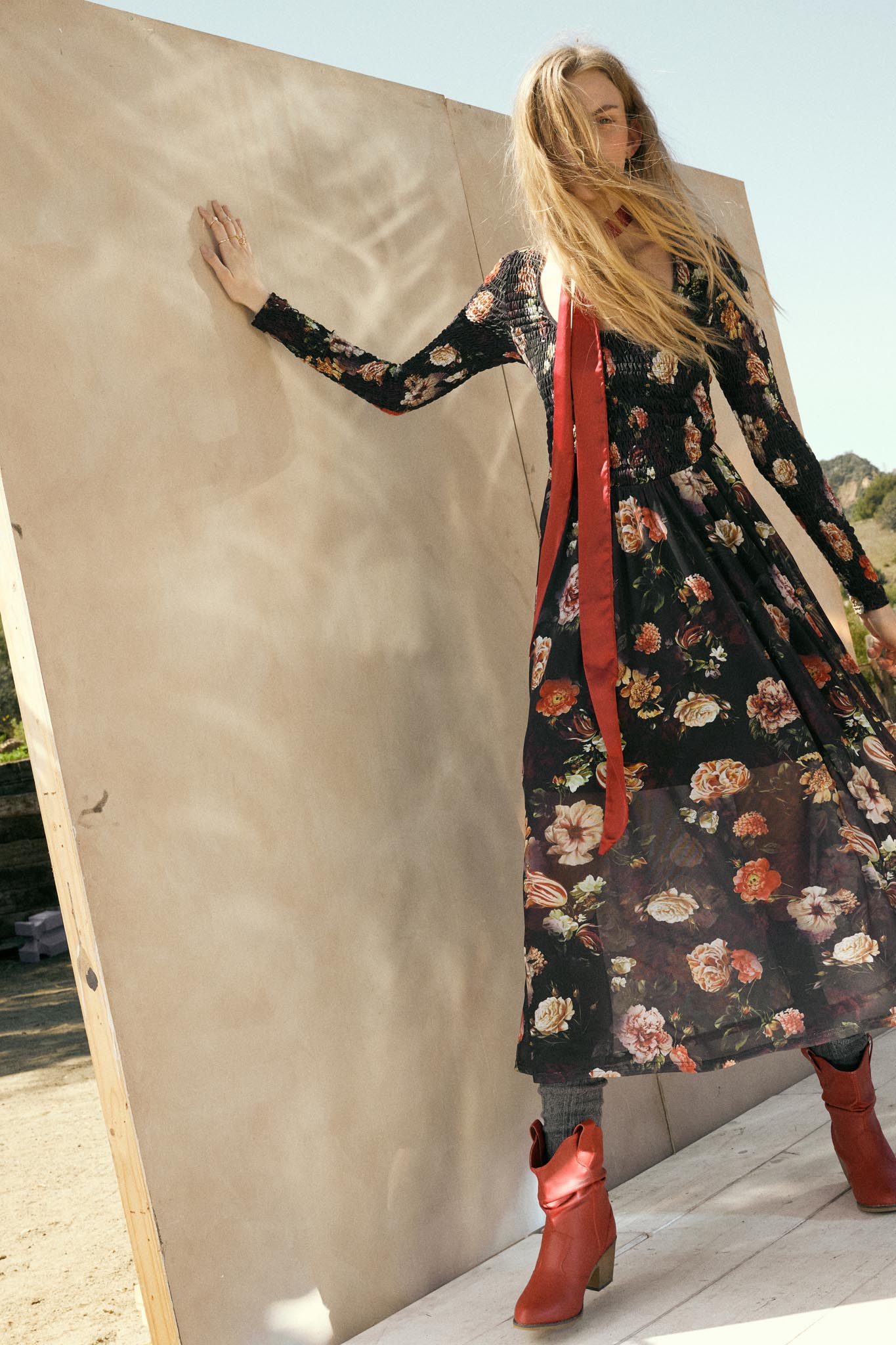 Antique Garden Floral Mesh Smocked Midi Dress