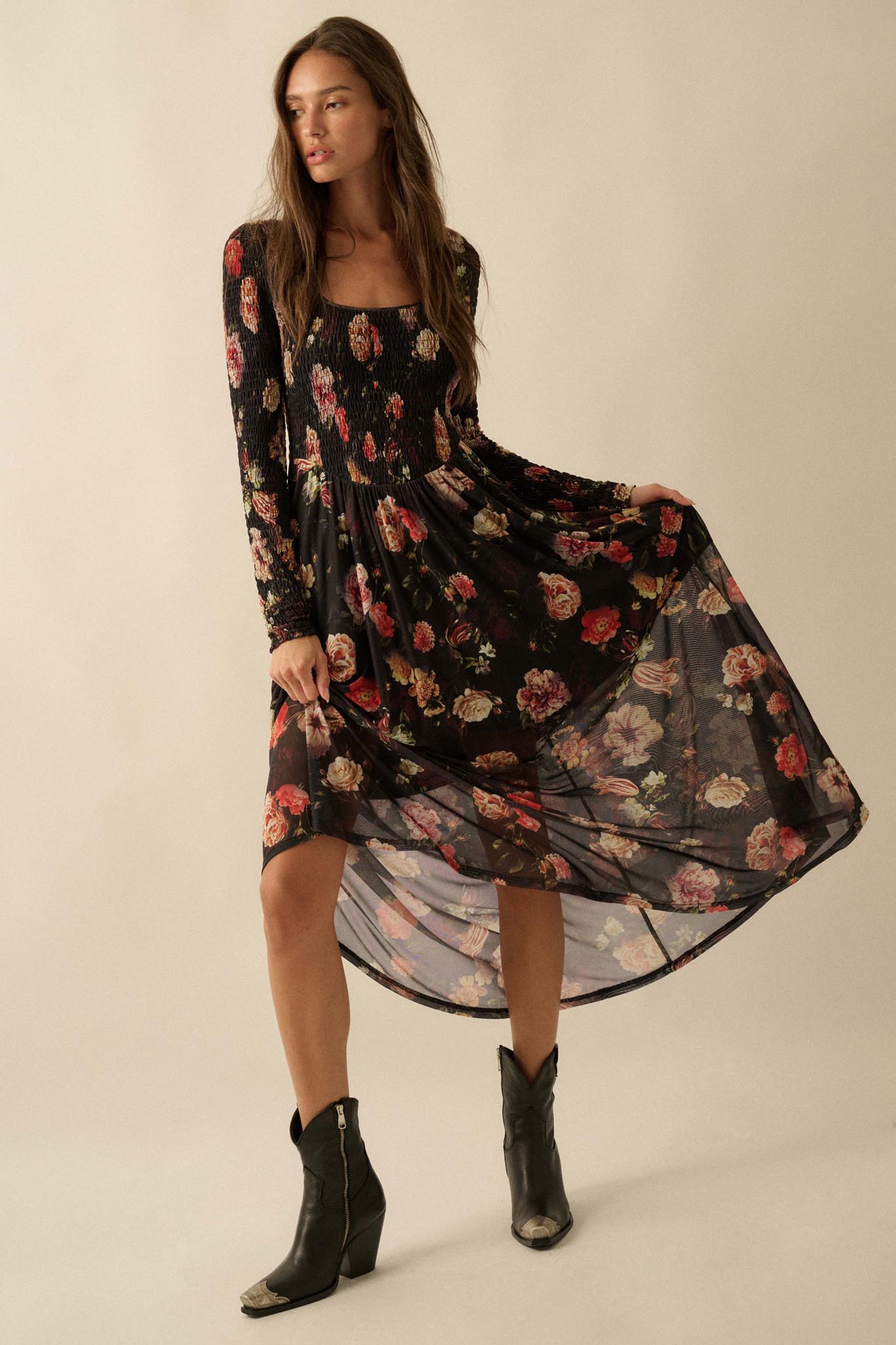 Antique Garden Floral Mesh Smocked Midi Dress