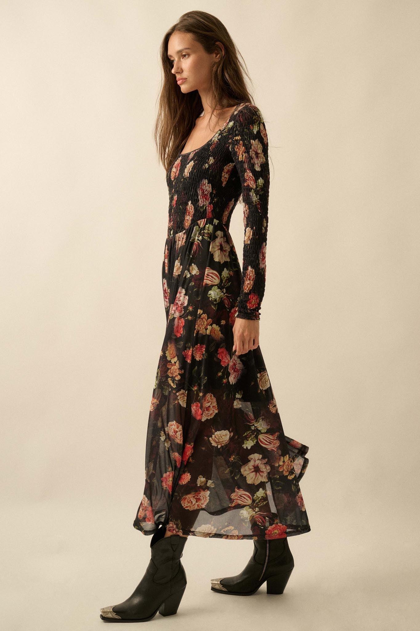Antique Garden Floral Mesh Smocked Midi Dress