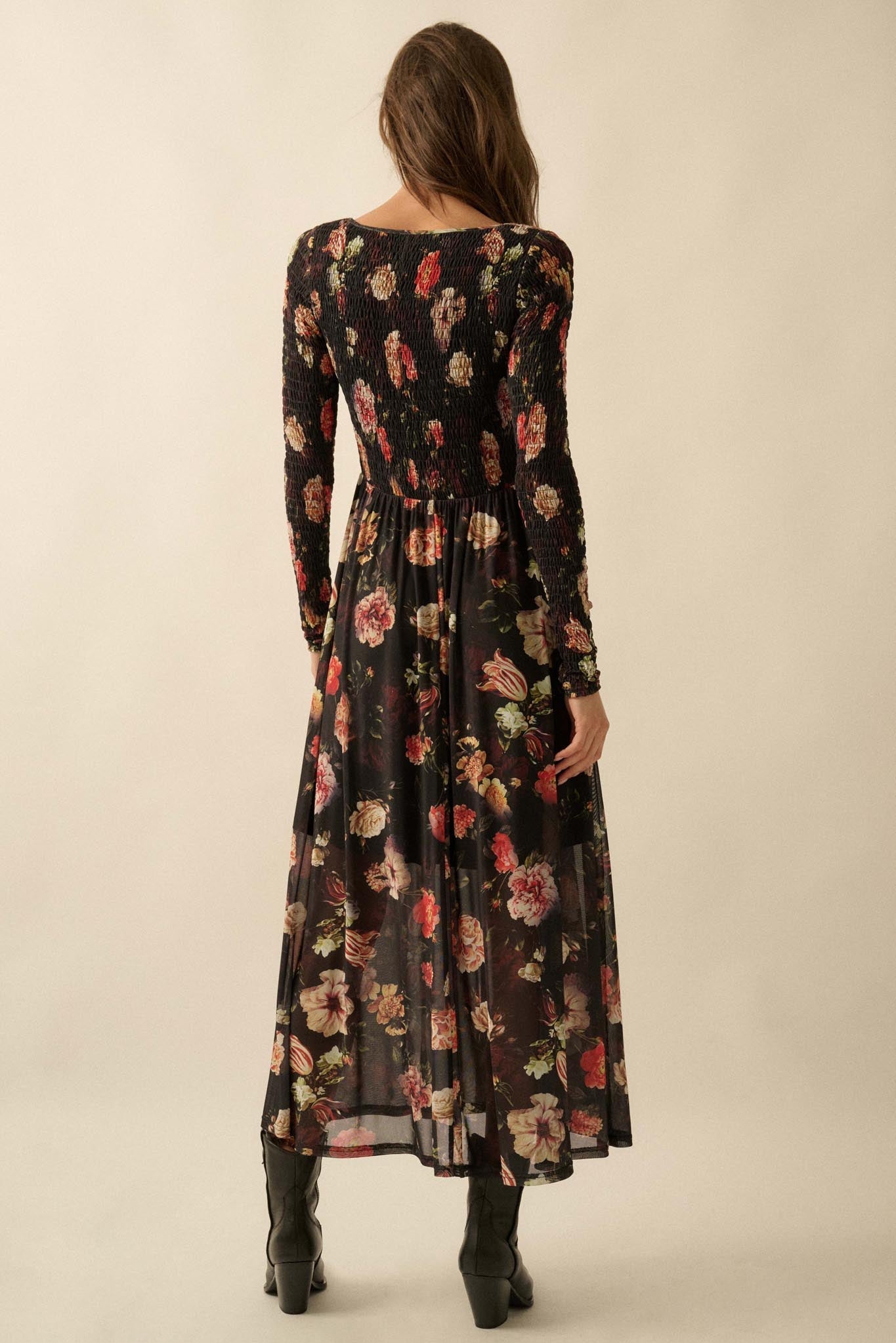 Antique Garden Floral Mesh Smocked Midi Dress