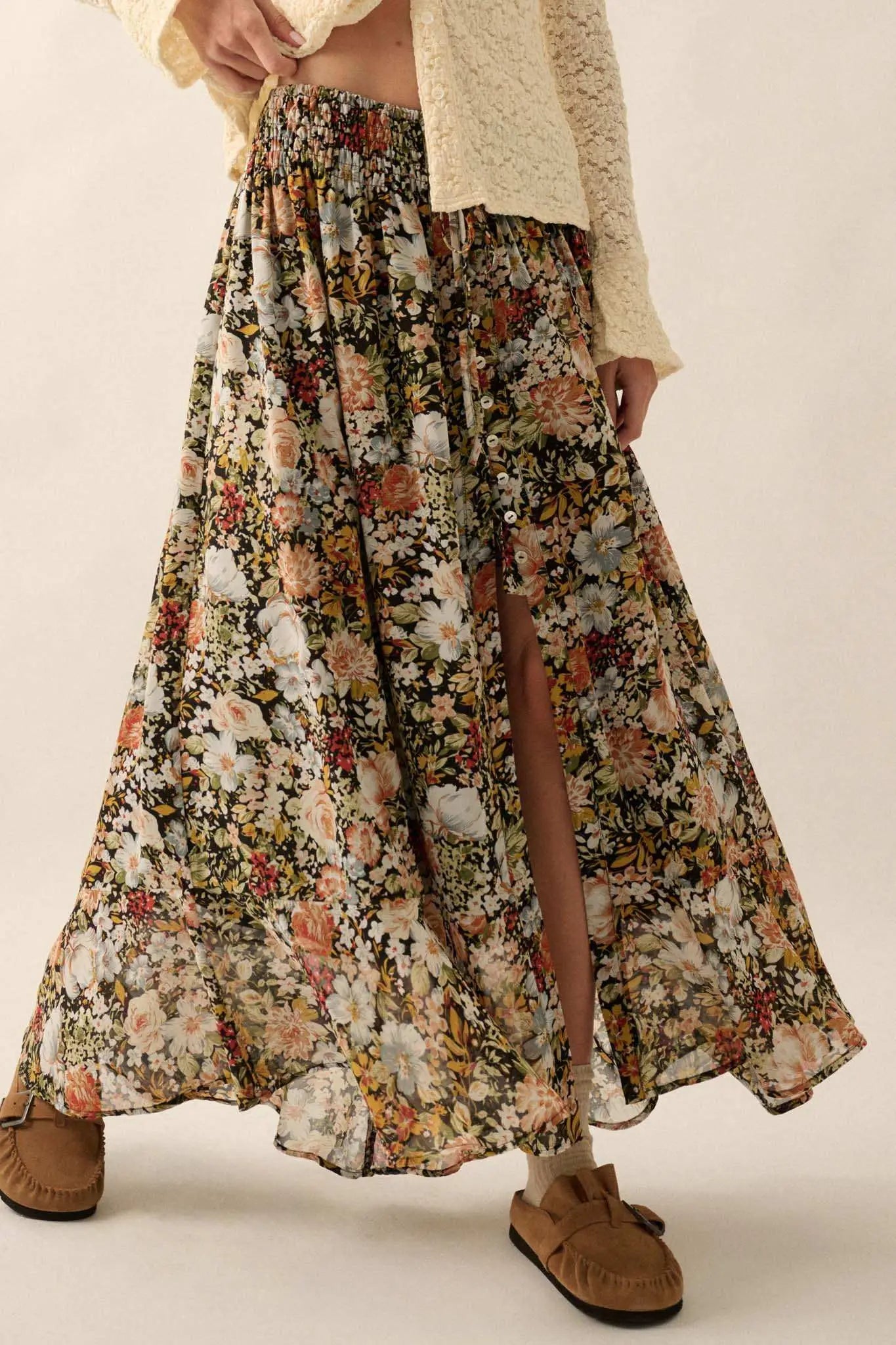 Autumn Bouquet Floral Chiffon Button-Front Maxi Skirt