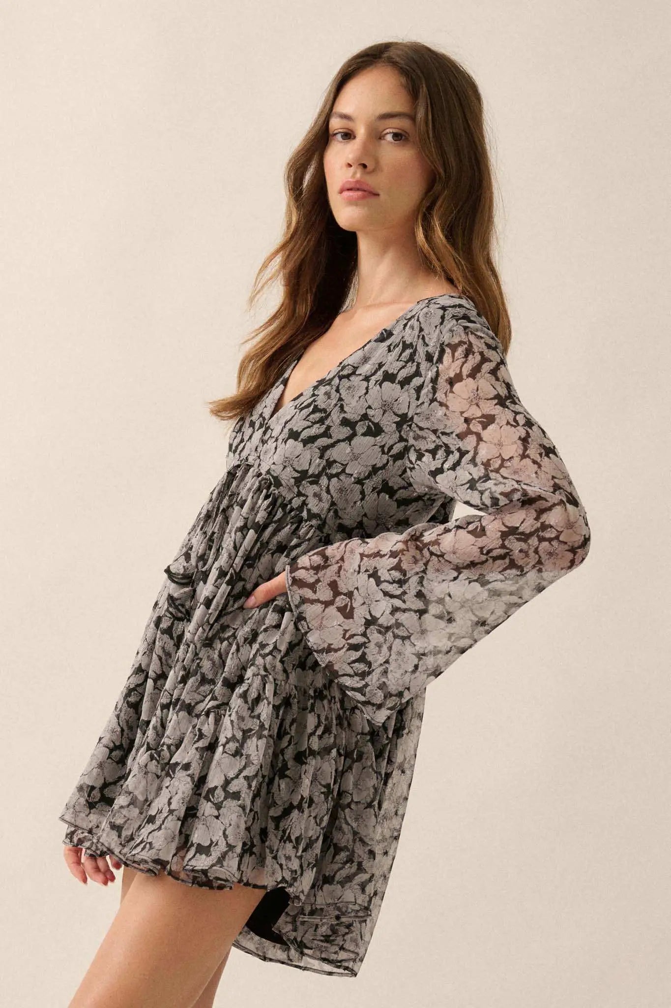 Babydoll Bouquet Floral Chiffon Bell-Sleeve Romper