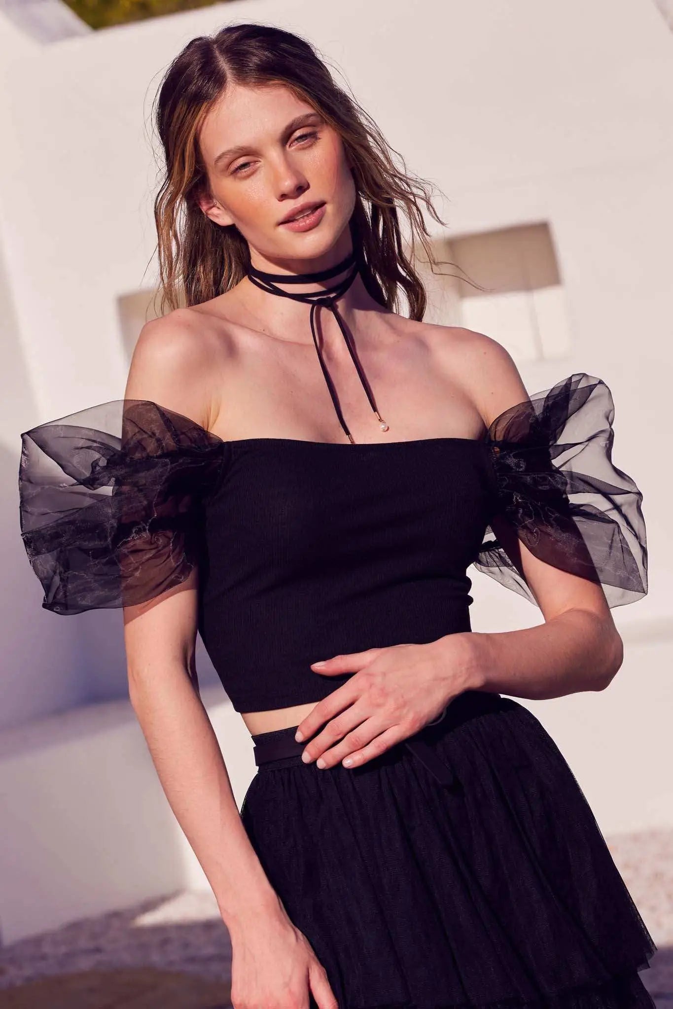 Among the Clouds Puff-Sleeve Off-Shoulder Crop Top