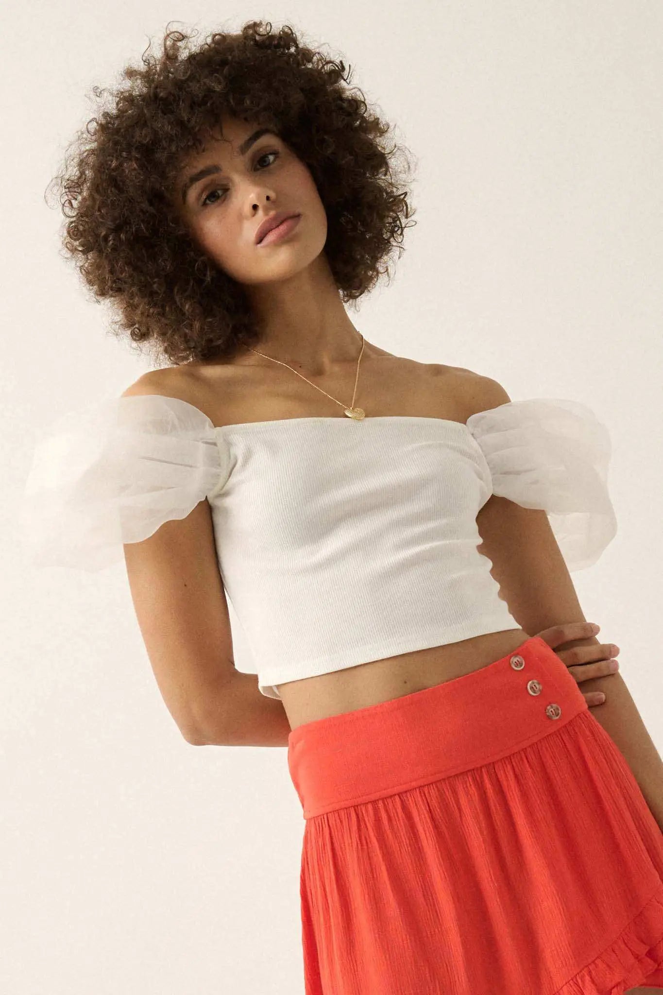 Among the Clouds Puff-Sleeve Off-Shoulder Crop Top