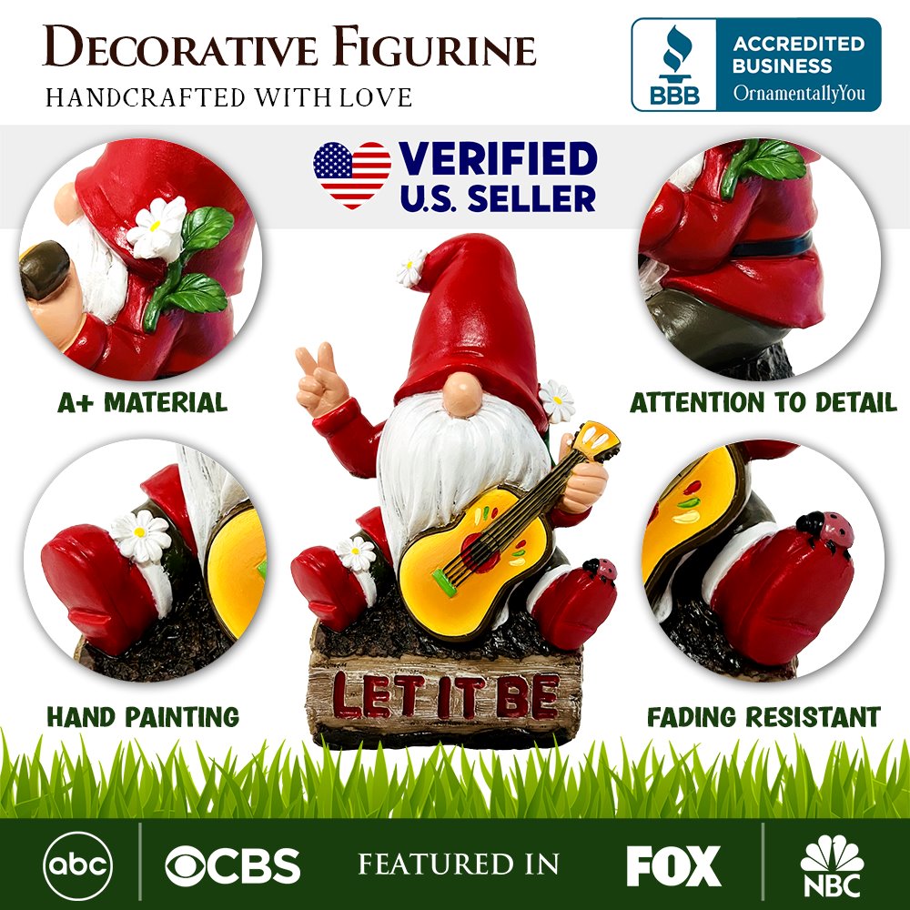 (Pre-Order) Hippy Gnome with Guitar Garden Statue, Unique Flowers and Peace Sign