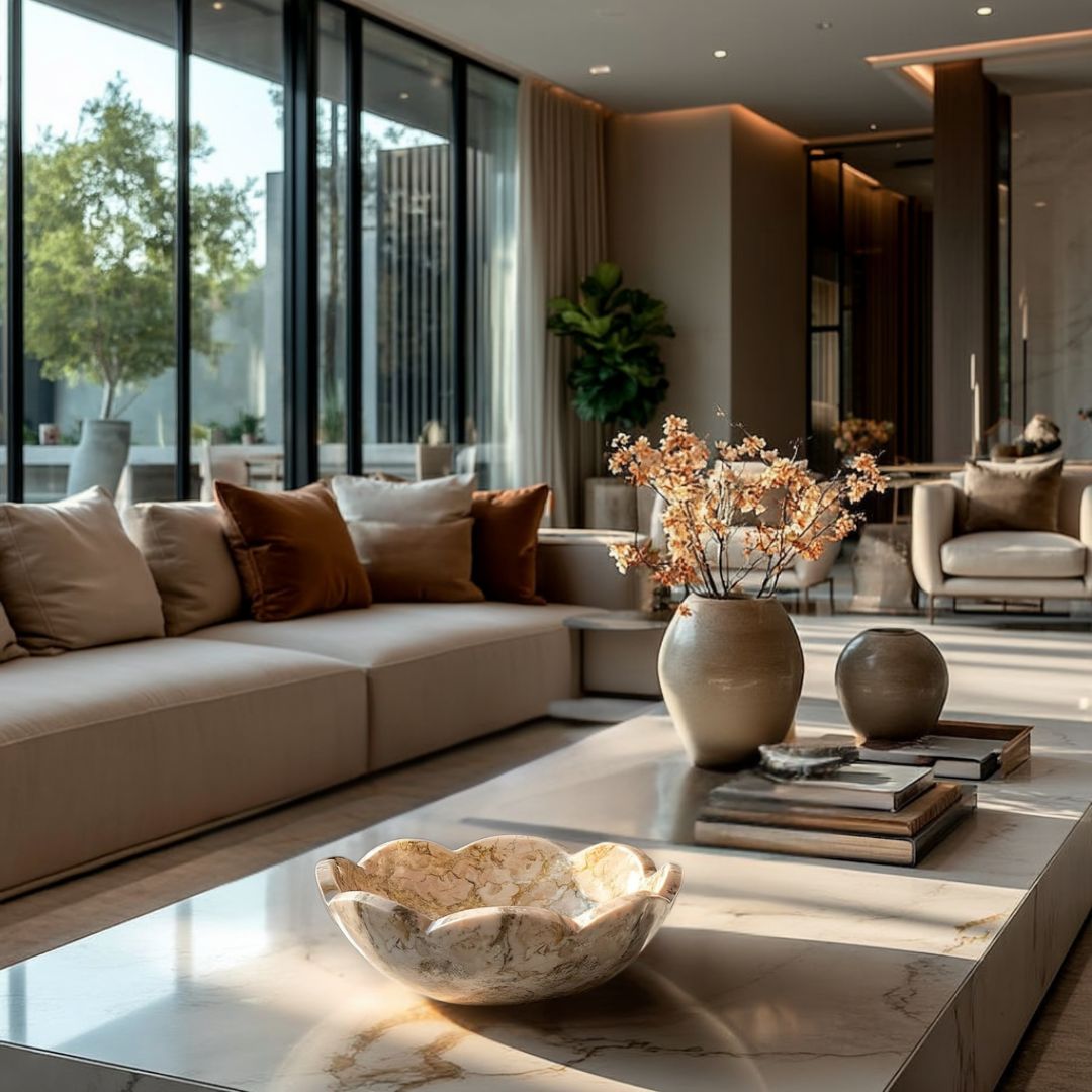 10 Inch Cream & Brown Swirled Marble Bowl w/ Scalloped Edge