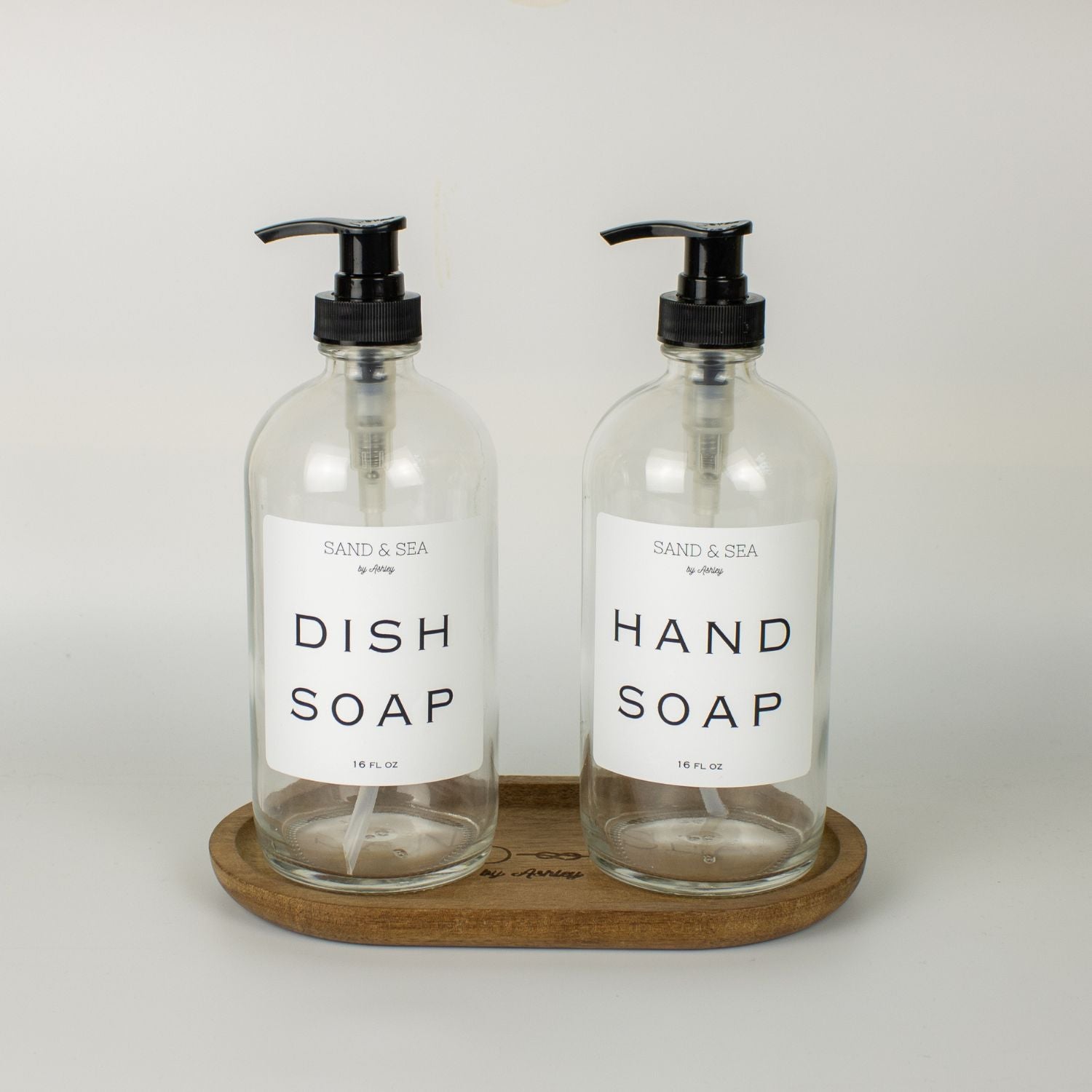 Clear Glass Soap Dispenser Gift Set with Wooden Tray - White Waterproof Sticker