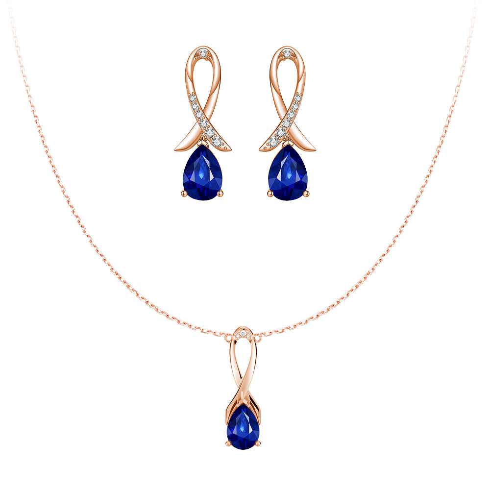 "Blue For Pink" Sapphire Necklace And Earrings Set With Ribbon