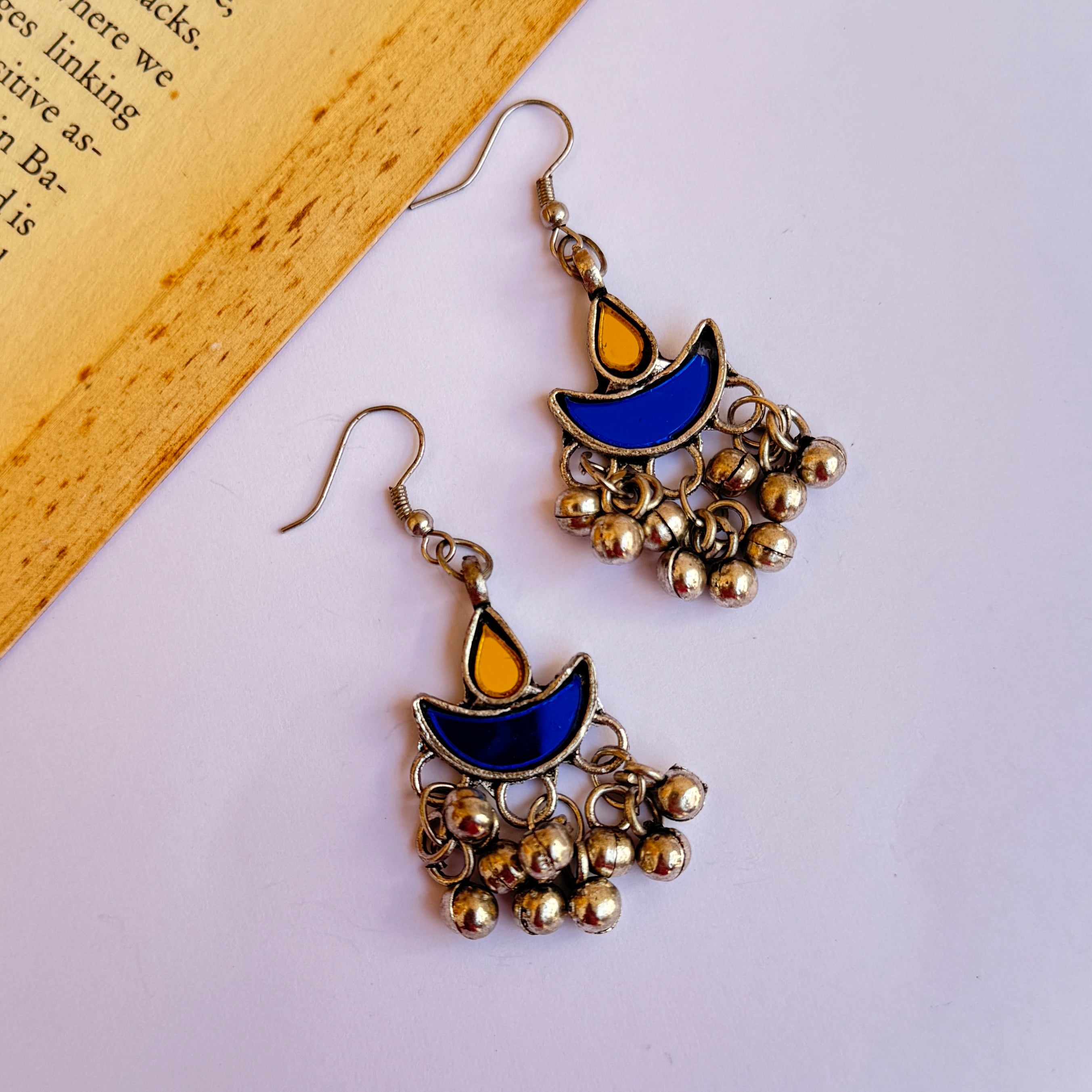 Afghani Silver Oxidised Glass Dangler Earrings